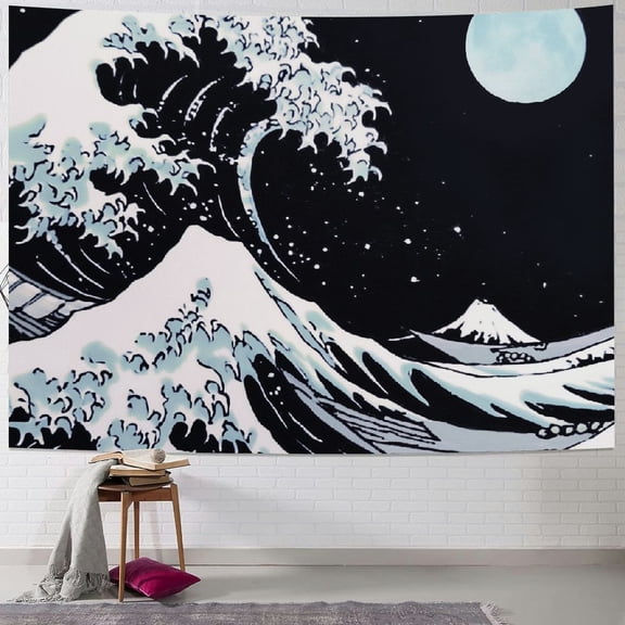 PRATYUS Japanese Wave Tapestry,Kanagawa Great Wave Wall Tapestry, Wave Tapestry with Sun Tapestries, White Tapestry for Room 50x40inch