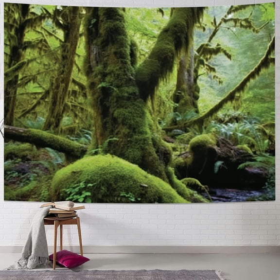 PRATYUS Jungle Tapestry King Size, Monsoon Tropical Jungle Bushes Ferns Trees Vegetation Wilderness Land Scene, Wall Hanging Bedspread Bed Cover Wall Decor, Green and Brown 50x40inch