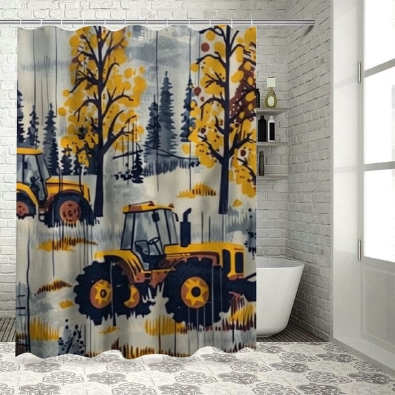 PRATYUS Kids Construction Truck Fabric Shower Curtain Boys Cartoon Cars Bathroom Waterproof Accessories with Hooks Machinery Excavator Tractor Equipment Curtains Cute Vehicles Blue Yellow White