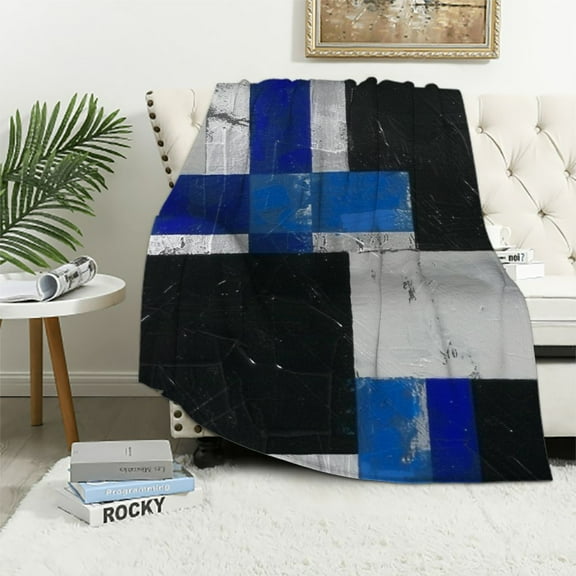 PRATYUS Kids Navy Blue Geometric Blanket Modern Square Art Throw Blanket for Women Men Bedroom Black Gray White Decor Flannel Blanket Geometry Fuzzy Blanket Throw 50x60in