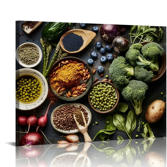 PRATYUS Kitchen Canvas Wall Art Vegetable Ingredients Picture Dining Room Canvas Painting for Home Wall Decor, Vegetable Framed Artwork for Kitchen Restaurant Wall Decoration Ready to Hang