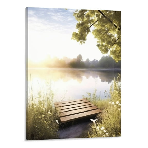 PRATYUS Lake Landscape Wall Art Canvas: Modern Nature Sunrise Scene Picture Print Vertical Pier View Painting Artwork for Living Room Bedroom Decor(16x20 inches)