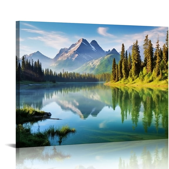 PRATYUS Lake Mountain Scenery Canvas Artwork Wall Hanging Nature Forest Trees Pictures Art for Home Decor Bedroom Living Room Dorm Wall Art Modern Prints Ready to Hang 16x12in