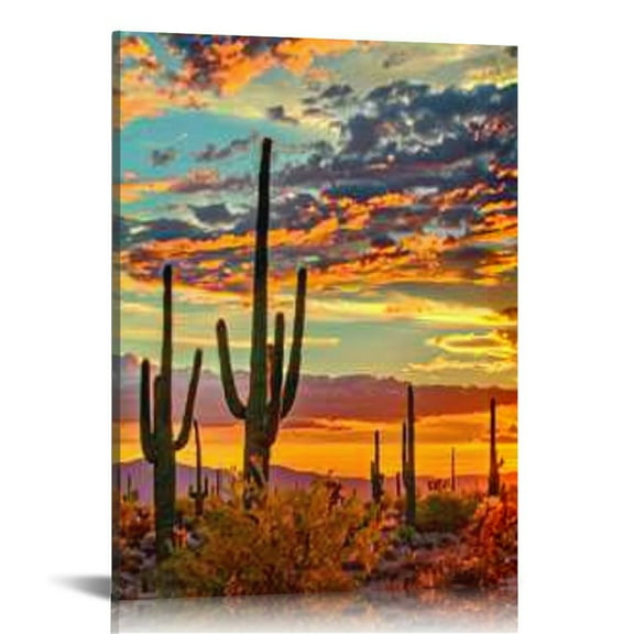 PRATYUS Landscape Pictures Sunset in Arizona Desert Paintings for Living Room Saguaro Cacti Mountains,Phoenix Wall Art Canvas Modern Artwork Home DecorStretched Ready to Hang 12x16 in