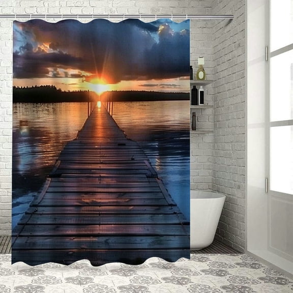 PRATYUS Landscape Shower Curtain, Sunset Over an Old Oak Deck Pier and Calm Water of The Lake Horizon Serenity, Cloth Fabric Bathroom Decor Set with Hooks White