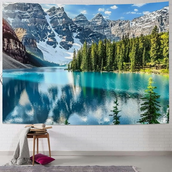 PRATYUS  Landscape Sunset View of Moraine Lake &amp; Mountain Range Tapestry Forest Tree Tapestry Tranquil Lake Tapestry Nature Landscape Tapestry Wall Hanging for Room Painting
