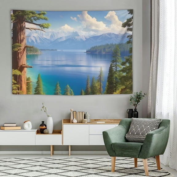 PRATYUS Landscape Tapestry, Aerial Image of Majestic Lake Above Trees and Mountain in The Horizon, Wall Hanging Cover Wall Decor, White Green 60x40 Inch 60x40in