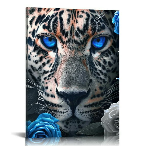 PRATYUS Leopard Framed Canvas Wall Art Blue Eyes and Blue Roses Wall Decor Captivating Close-up of Leopard's Face Perfect Modern Home Decor for Living Room Home Bedroom Decor 12x16 in