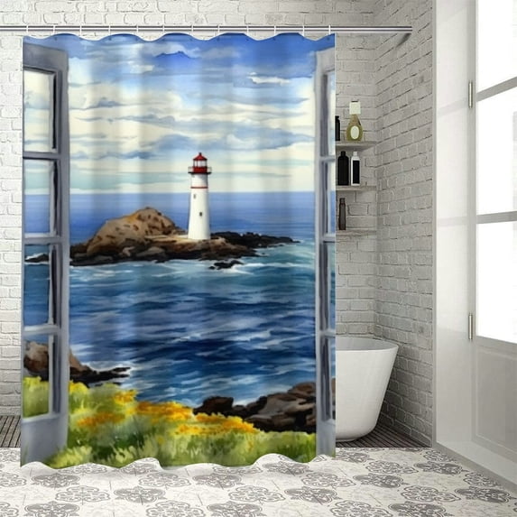 PRATYUS Lighthouse Ocean Impressionist Painting Shower Curtain Waterproof Home Decor Set with Hooks 36"x72