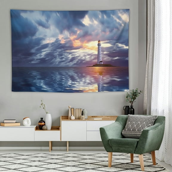 PRATYUS  Lighthouse Tapestry, Lighthouse Sailing Dark Clouds Reflection on Atlantic Ccean Rainy Weather Shadow, Wide Wall Hanging for Bedroom Living Room Dorm,60x40 Inch, Blue Grey 60x40in