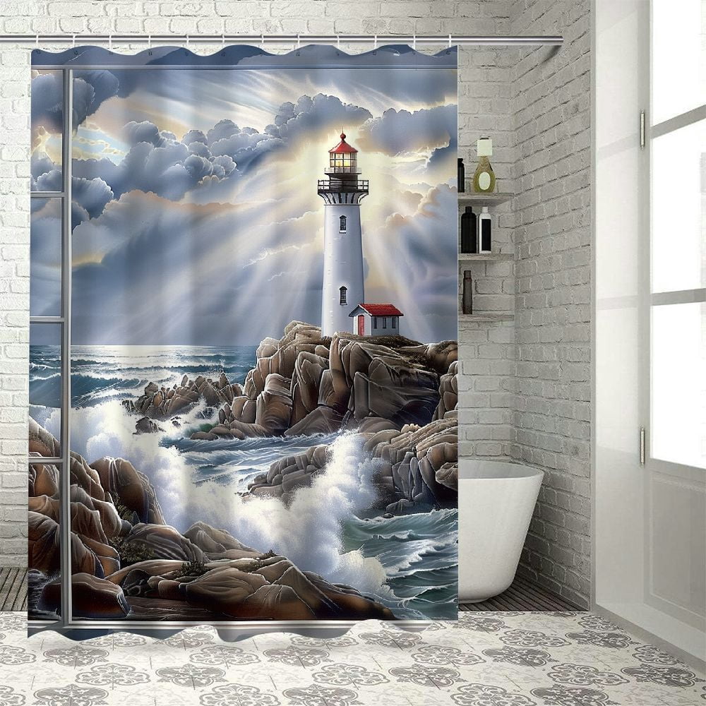 PRATYUS Lighthouse Waves Rocks Shower Curtain for Bathroom Decor Polyester Washable Shower Curtain with Hooks 69"x72