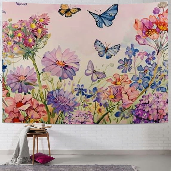 PRATYUS METERO Purple Butterfly with Flower Tapestry Wall Hanging for Bedroom Spring Floral Wall Tapestry Wildflowers Tapestry for Garden Plants Tapestry for Living Room Home Dorm Decor Painting