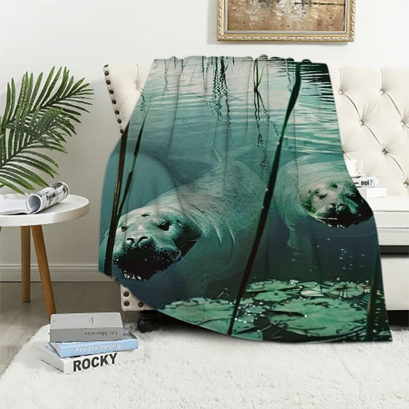 PRATYUS Manatee Family Blanket Animal Print Throw Blanket Super Soft Fuzzy Blanket Thick Warm Blankets for Couch Bed White 60x80in