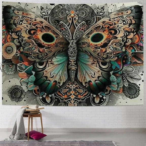PRATYUS  Mandala Tapestry, Medieval Esotery Inspired Oriental Moth with Floral Details Witchcore, Fabric Wall Hanging Decor for Bedroom Living Room Dorm, Multi Size, Grey Yellow Green Sepia Painting