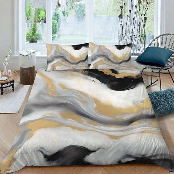 PRATYUS Marble Gold Abstract 3-Piece Bedding Set (Single-Sided Print) Comfortable and Breathable Peach Skin Velvet Bedroom; Guest Room 87x68in