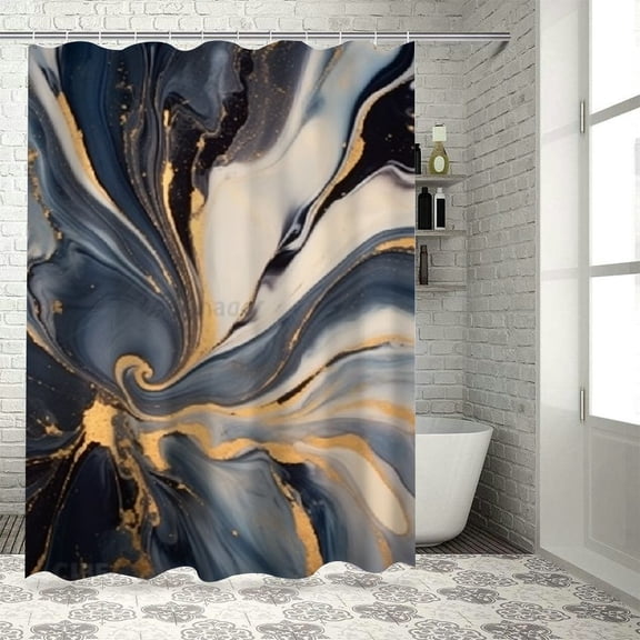 PRATYUS Marble Gold Accents Black White Swirl Quick-Drying Shower Curtain Set Bathroom 100% Polyester with Hooks 60x72