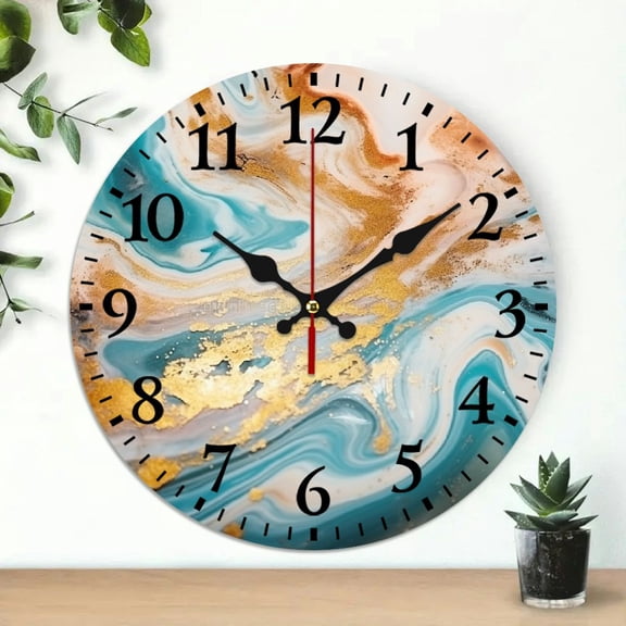 PRATYUS Marble Sculpture Round Wooden Wall Clock Battery Operated Silent Mechanical Movement for Home Decor, Living Rooms, Kitchens, Dorms, and Everyday Gifts 10x10in