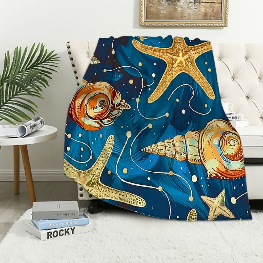 PRATYUS Marine Life Throw Blanket Starfish Conch Shell Print Blanket