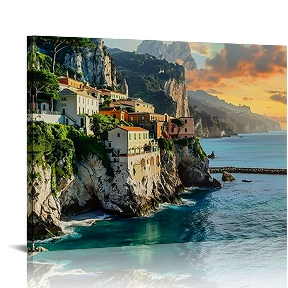 PRATYUS Mediterranean Canvas Wall Art Italy Seaside Villa Picture Prints Wall Decor Gallery Wrapped 20x16in