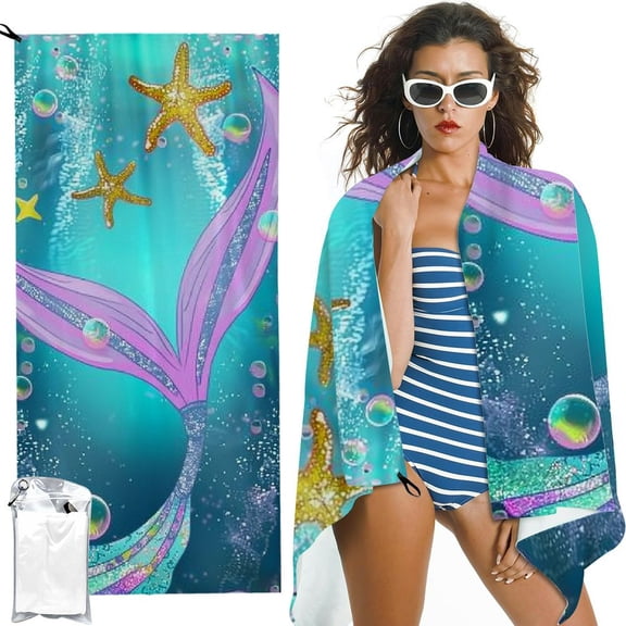 PRATYUS Mermaid Beach Towel, Mermaid Gifts for Girls, Microfiber Bath Towel Gifts for Mermaid Lovers, Teal Mermaid Tail Scale Sand Free Quick Dry Travel Towels for Women Kids Yoga Sports 27.5x55in