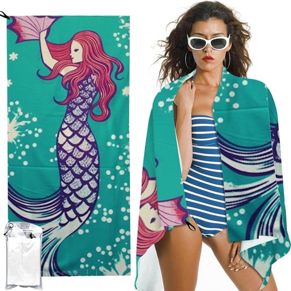 PRATYUS Mermaid Princess Beach Towel Pink and Green for Kids, Girls, Women, Ideal for Pool, Travel, Bath 27.5x55in