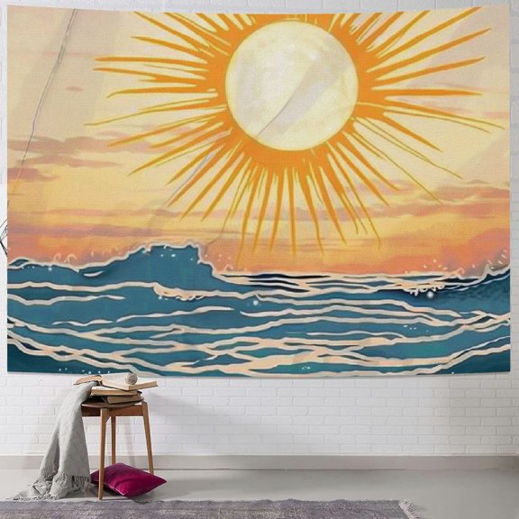 PRATYUS Mid Century Boho Sunrise Tapestry Abstract Sunset Sun Waves Modern Minimalist Geometric Simple Art Line Aesthetic Beige Neutral Wall Hanging Bedroom Living Room Dorm Decor 60x50inch