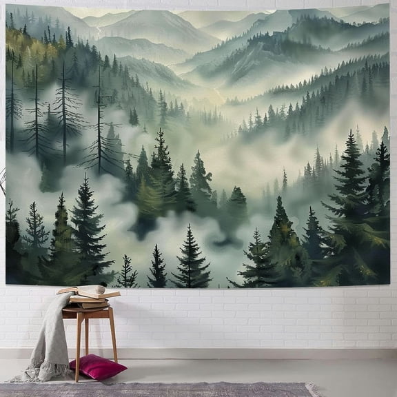 PRATYUS Misty Forest Tapestry, Nature Mountain Tapestry Wall Hanging Watercolor Landscape Wall Tapestries for Bedroom Aesthetic Men Living Room Sage Green Wall Art Home Decor Gift Painting