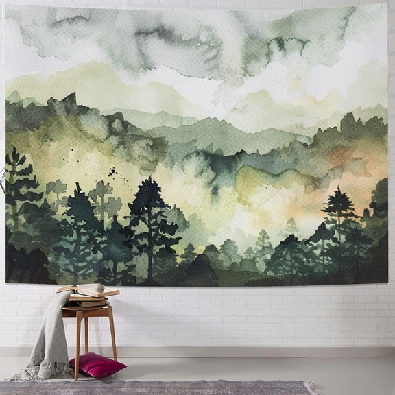 PRATYUS Misty Mountain Tapestry Wall Hanging Foggy Forest Tree Nature Landscape Tapestries Green Watercolor Mountains Scenery Wall Home Decor for Bedroom Living Room Dorm,Multi Size,Green Painting