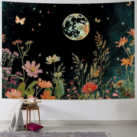 PRATYUS  Moon Flower Tapestry Moonlit Floral Plant Tapestries for Bedroom Aesthetic Botanical Tapestrys Wildflower Watercolor Nature Tapastry's Wall Hanging Living Room Decor (Green) 40x60inch