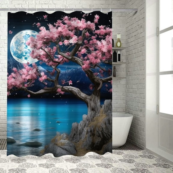 PRATYUS Moon Flowers Rocks Shower Curtain Waterproof Kids Bathroom Decor Polyester Fiber with Hooks 36"x72
