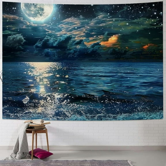 PRATYUS  Moon Over Ocean Tapestry, Night Sky Tapestry Wall Hanging, 3D Fantasy Psychedelic Watercolor Tapestry Wall Art for Bedroom Living Room Dorm Home Decor 40x30inch
