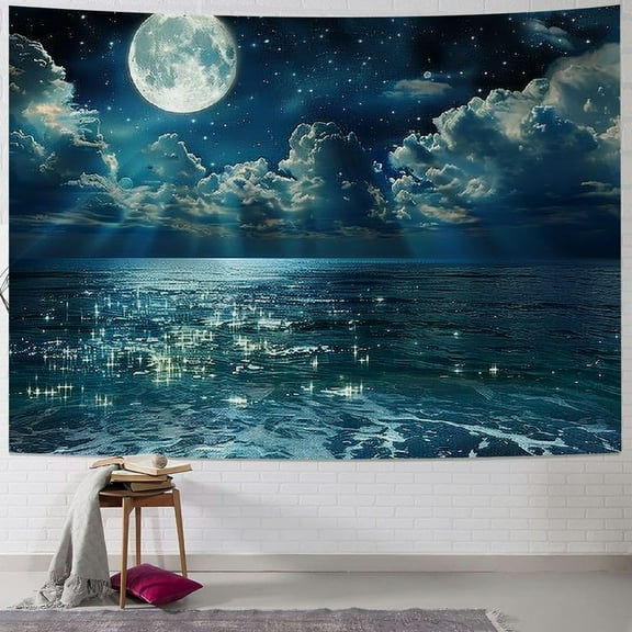 PRATYUS Moon Over Ocean Tapestry, Night Sky Tapestry Wall Hanging, 3D Fantasy Psychedelic Watercolor Tapestry Wall Art for Bedroom Living Room Dorm Home Decor Painting