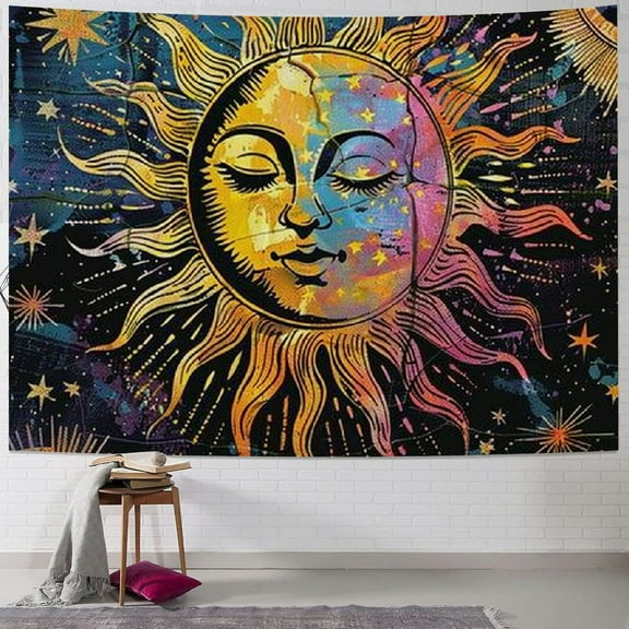 PRATYUS Moon And Sun Tapestries Burning Sun with Star Psychedelic Mystic Wall Art aesthetic Wall Decor Wall Art for Bedroom, Living Room, Dorm Decor Boho (Multi-Color Sun & Moon) 40x30inch