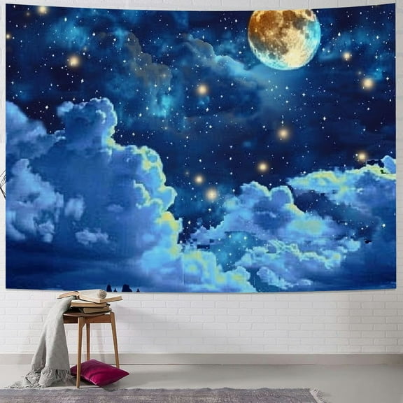 PRATYUS Moon Tapestry Blue Sky Night Cloud Crescent Tapestry a Large Flannel Fabric Moonlight Themed Wall Art Hanging Aesthetic for Room Bedroom College Dorm 60x50inch