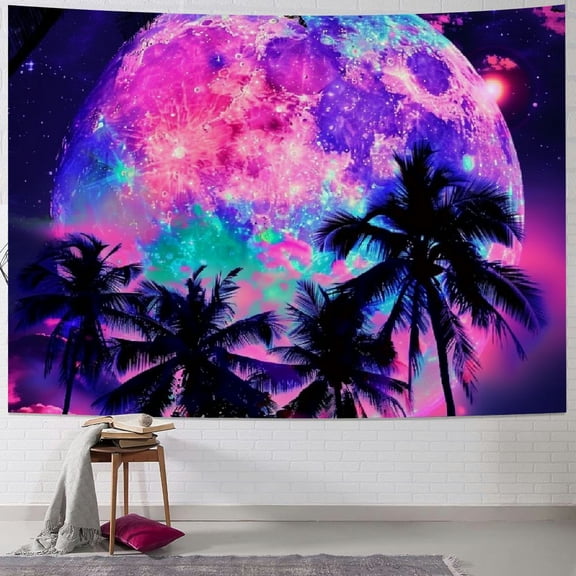 PRATYUS Moon Tapestry Galaxy Space Tapestry Tropical Coconut Palm Tree Wall Tapestry Stars Starry Sky Tapestry Colorful Aurora Nature Tapestry Wall Hanging for Bedroom Painting