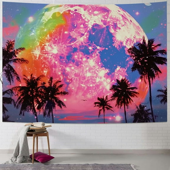 PRATYUS Moon Tapestry Galaxy Space Tapestry Tropical Coconut Palm Tree Wall Tapestry Stars Starry Sky Tapestry Colorful Aurora Nature Tapestry Wall Hanging for Bedroom 40x60inch