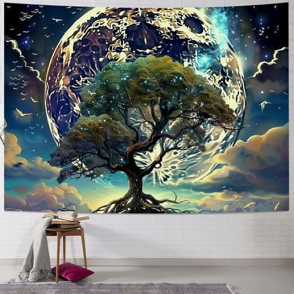 PRATYUS Moon Tree of Life Tapestry for Bedroom Space Mountain Landscape Wall Tapestry Aesthetic Black Fantasy Tree Art Decor Posters Wall Hanging for Living Room Dorm Painting
