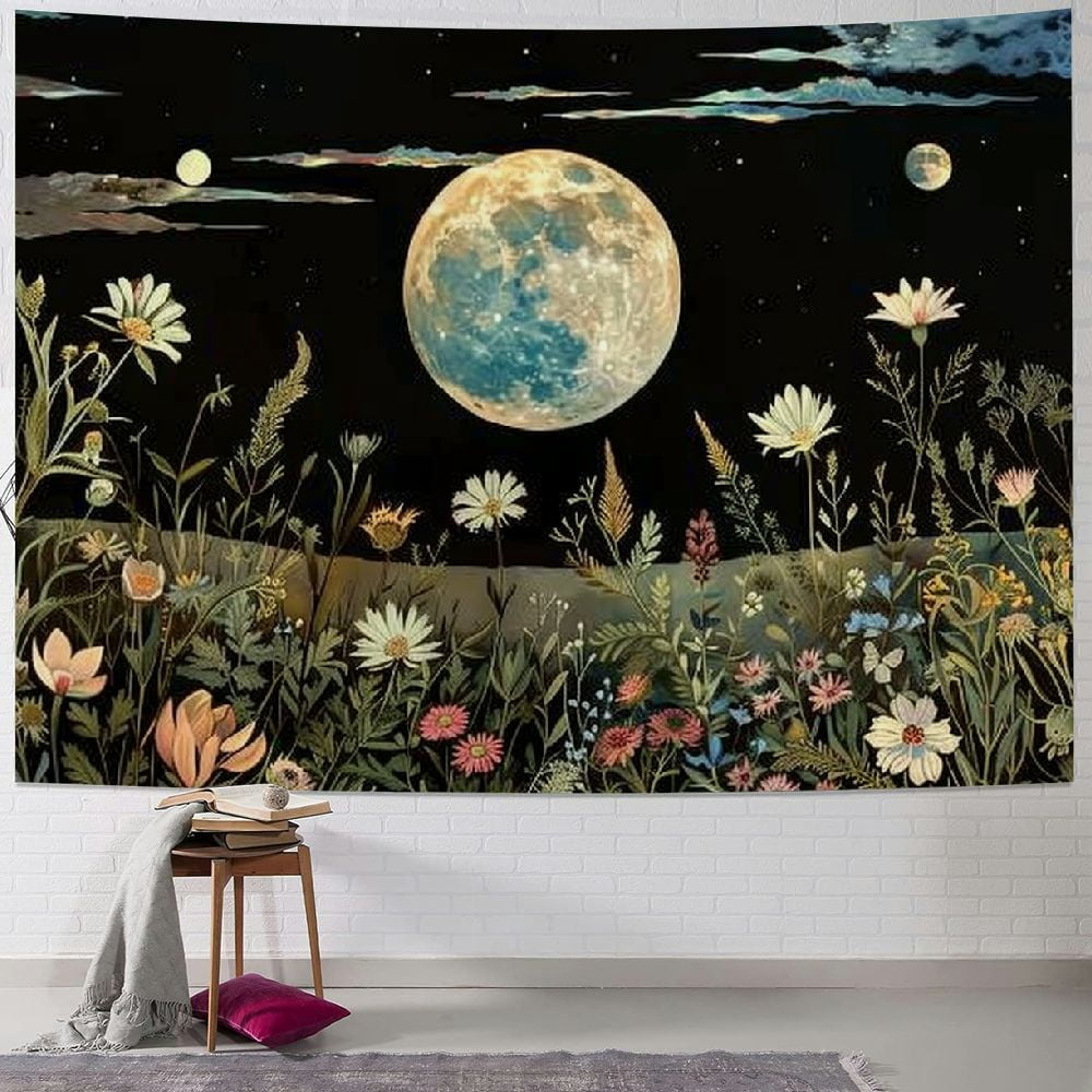 PRATYUS Moonlit Garden Tapestry Moon Tapestry Flower Tapestry Colorful ...