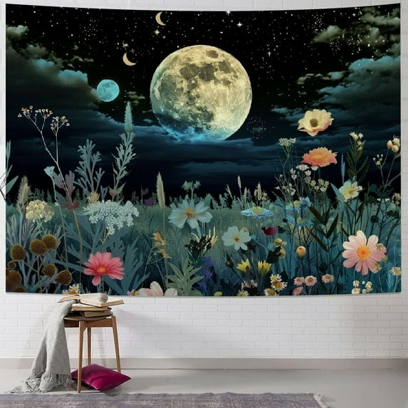 PRATYUS  Moonlit Garden Tapestry Moon Tapestry Flower Tapestry Colorful Plants Tapestry Black Tapestry Floral Tapestry Wall Hanging Decor for Room 40x60inch