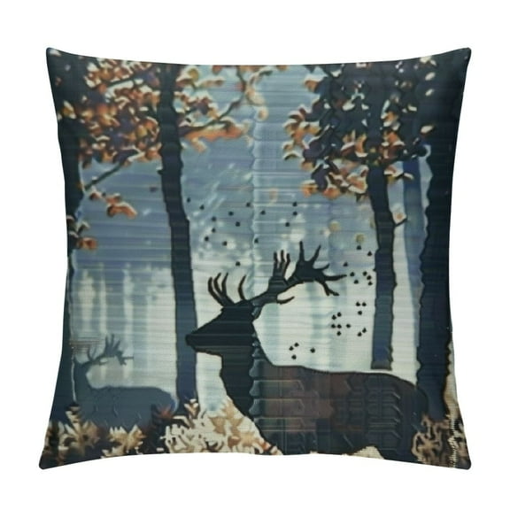 PRATYUS Moose Throw Pillow Cushion Cover, Forest Design Abstract Woods North American Wild Animals Deer Hare Elk Trees, Decorative Square Accent Pillow Case 18x18in