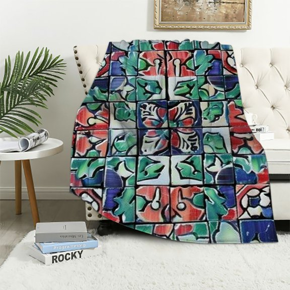 PRATYUS Moroccan Soft Flannel Throw Blanket, Oriental Moroccan Motifs in Retro Colors Eastern Bohemian Design, Cozy for Indoor and Outdoor Use 60x80in