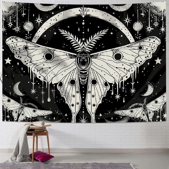 PRATYUS Moth Vertical Tapestry Black And White Tapestry for Bedroom, Aesthetic Boho Mushroom Butterfly Small Tapestries, Tarot Moon Phase Witchy Tapestry Wall Hanging For Living Room Apartment Decor