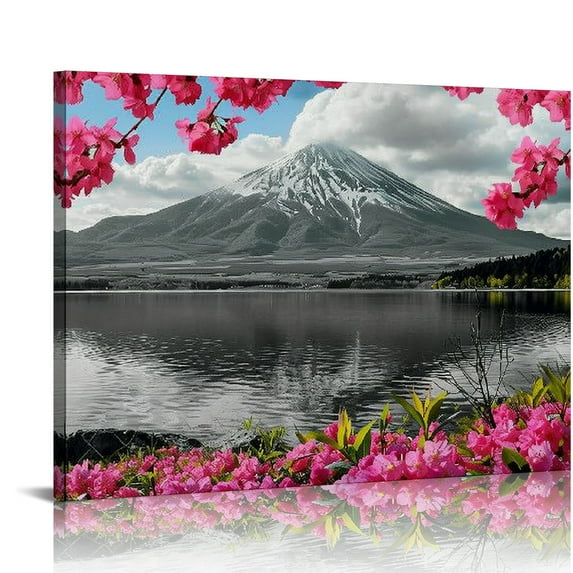 PRATYUS Mount Fuji Canvas Wall Art Black and White Decor Pink Cherry Blossom Mountain over Lake Pictures Landscape Poster Prints Framed and Stretched for Living Room Bedroom 16x12in