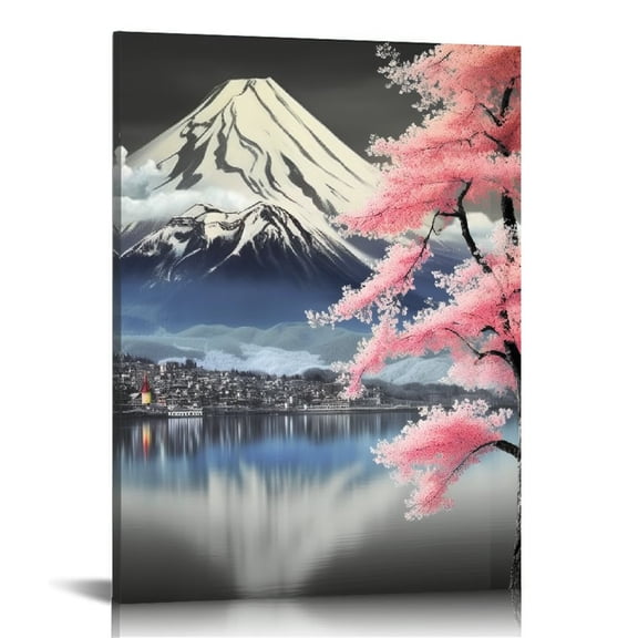 PRATYUS Mount Fuji Wall Art Mountain over Lake Photo Painting Cherry Blossom Landscape Nature Pictures Canvas Print Black White Artwork for Home Office Living Room Decor Framed 12x16 in