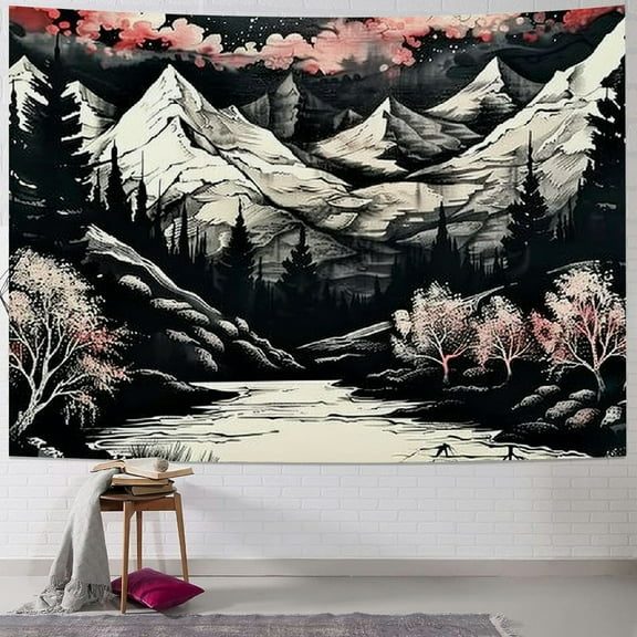 PRATYUS Mountain Forest Tapestry Japanese Anime Tapestries Fantasy Tree Tapestry Nature Landscape Tapestry Aesthetic Moon Stars Tapestry Wall Hanging for Bedroom Painting