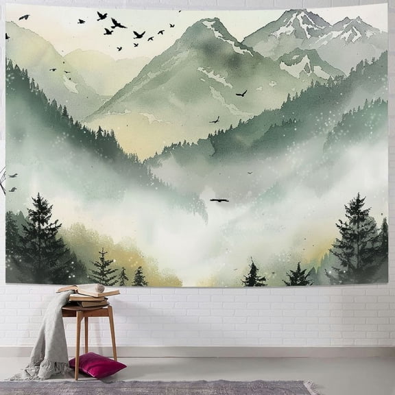 PRATYUS Mountain Forest Tapestry Wall Decor, Misty Foggy Nature Landscape Watercolor Sage Green Tree Woodland Tapestry Wall Hanging For Living Room Bedroom Home Dorm Decorations Painting