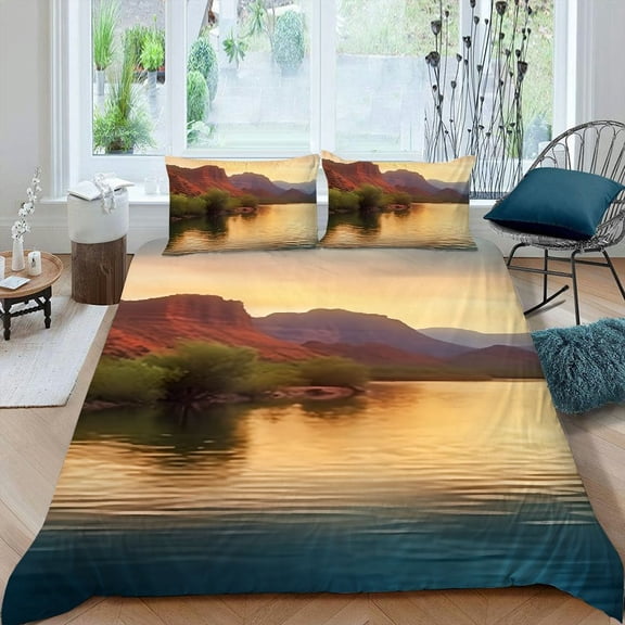 PRATYUS Mountain Lake Sky 3-Piece Bedding Set - Zipper Closure, Single Sided Printing, Peach Skin Fabric, Bedroom, Guest Room 87x68in