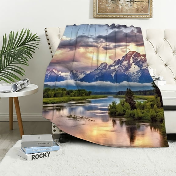 PRATYUS Mountain Range Clouds River Cozy Throw Blanket for All Seasons - Flannel Material Blanket for Bedroom Living Rooms Sofa Couch 50x60in