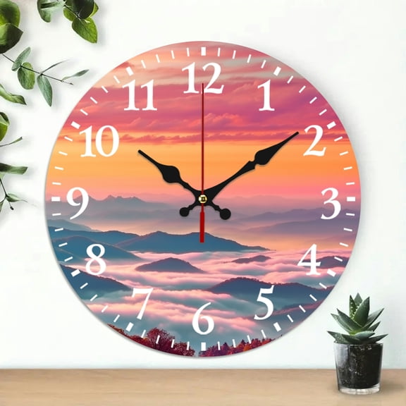 PRATYUS Mountain Range Clouds Sunset Wall Clock 10 Inch Frameless Decor 10x10in