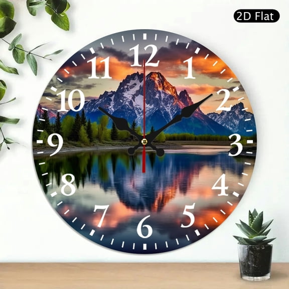 PRATYUS Mountain Range Lake Sunset Round Wooden Wall Clock 10 Inch 10x10in